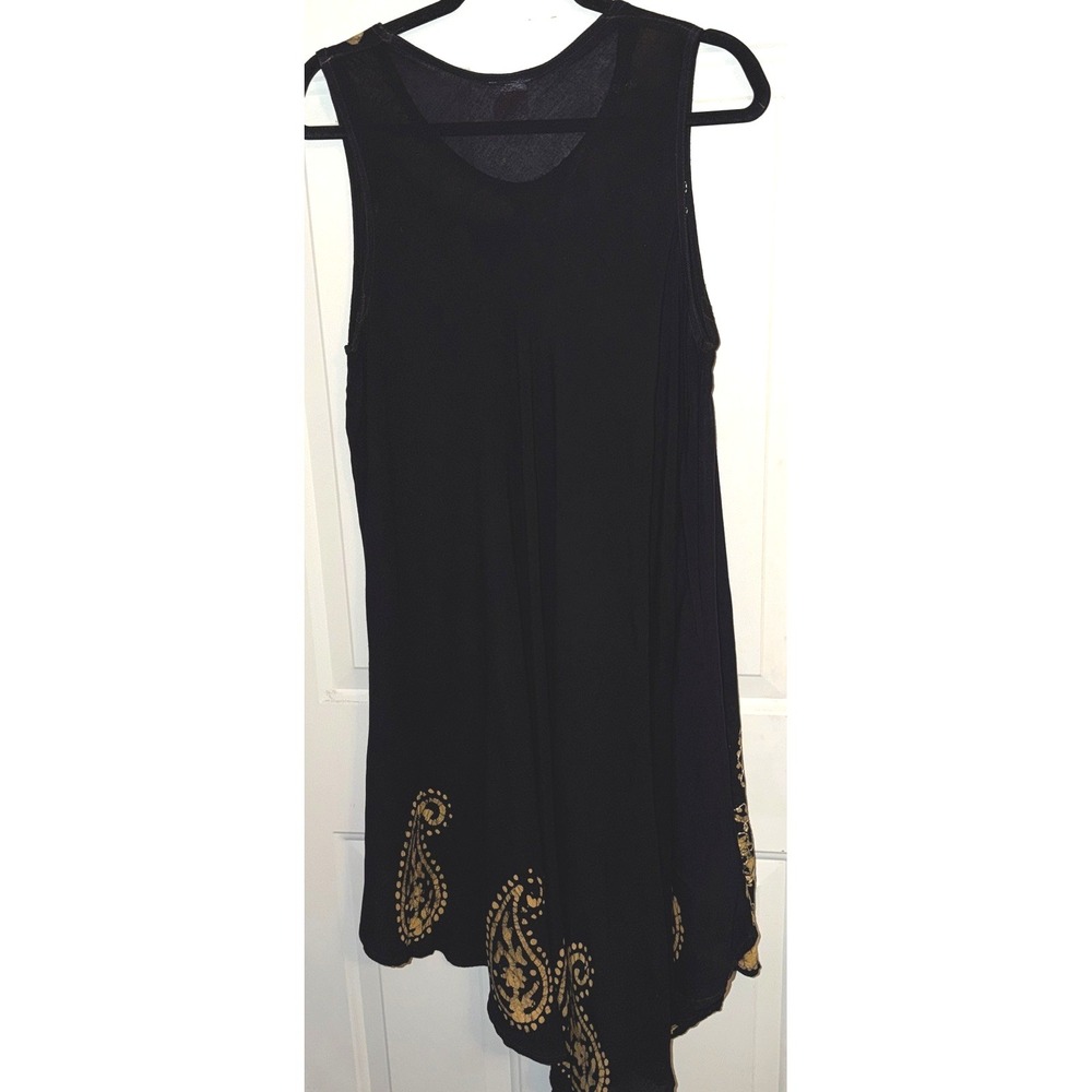 ANJLI Black Gold Batik Paisley Tunic Dress Womens Medium Boho Sleeveless Flowy - Picture 5 of 11